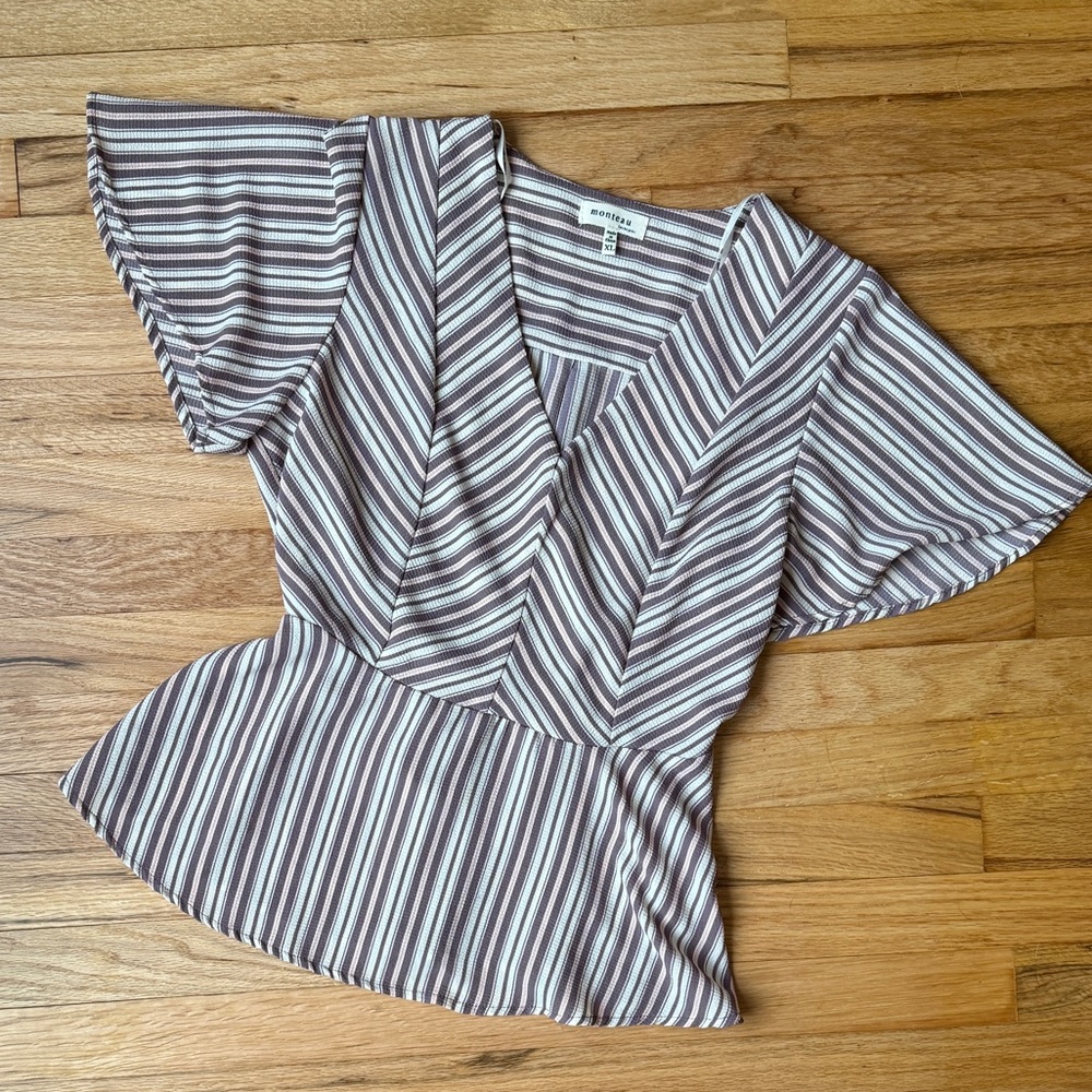 Monteau Striped V-Neck Peplum Top